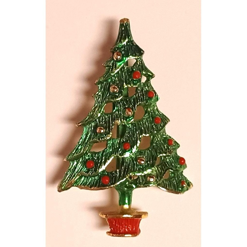 Vtg Christmas Tree Brooch Green Enamel Red Ornaments Gold Tone Pot Holiday Pin